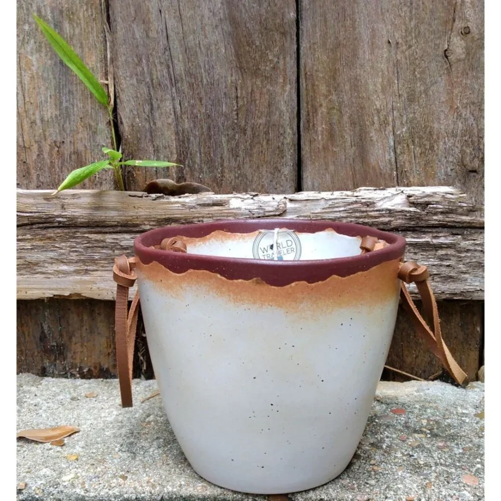 Ceramic Ice Bucket with Leather Strap Handles, Summer Party